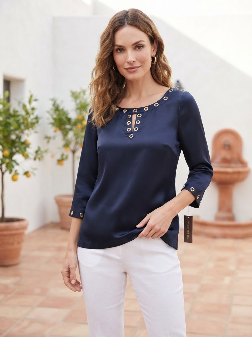 NWT Dana Buchman 100% Silk Navy Grommet-Detail Blouse
